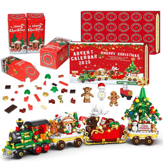 Advent Calendar 2025 Christmas Train Building Set with Lights, 24 Boxes Christmas Countdown Surprise Blocks Compatible with Lego, Xmas Gifts for Kids Adults (849PCS)