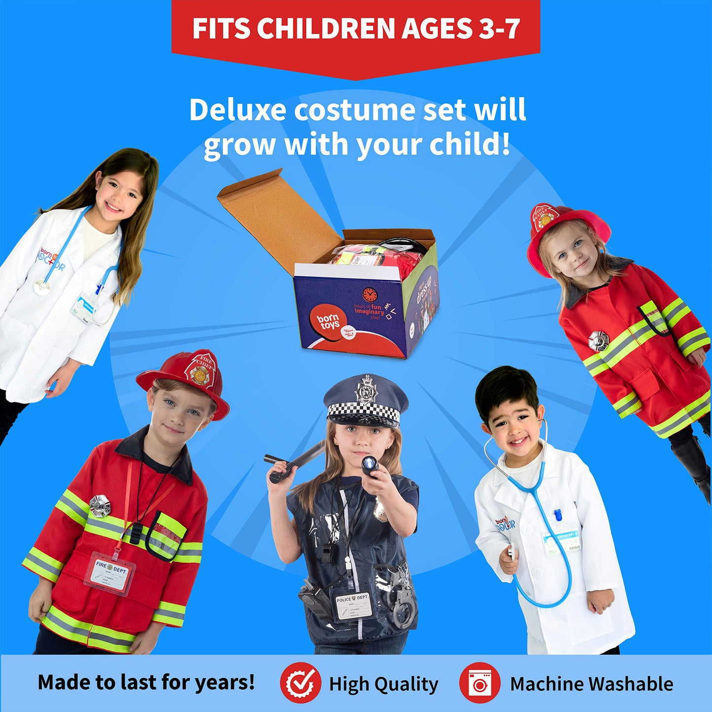 Born Toys Costume Dress Up & Pretend Play - Premium Hero First Responder Set - Fireman, Police & Doctor Set for Kids Ages 3-7