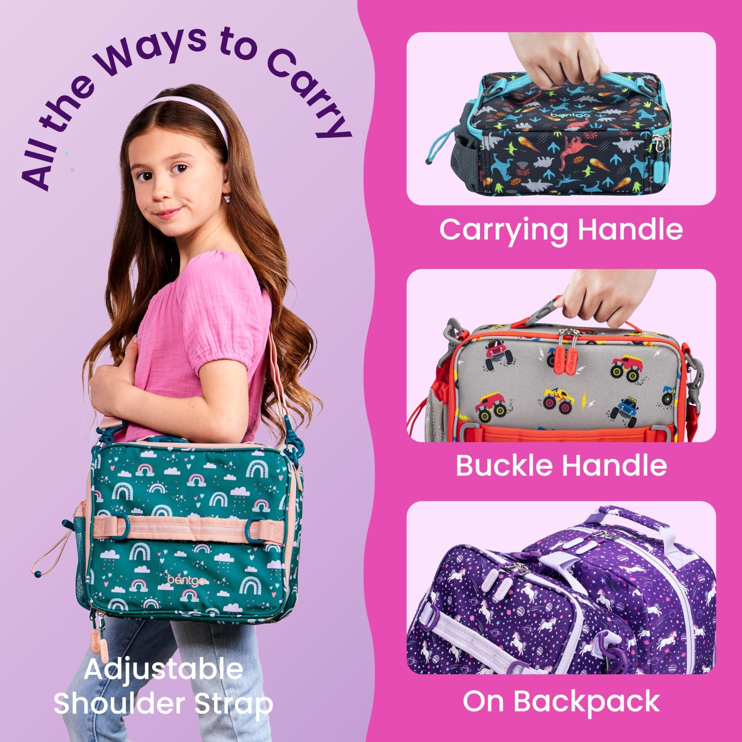 Bentgo Kids Lunch Bag - Durable, Double-Insulated Lunch Bag for Kids 3+; Holds Lunch Box, Water Bottle, & Snacks; Easy-Clean Water-Resistant Fabric & Multiple Zippered Pockets (Unicorn)