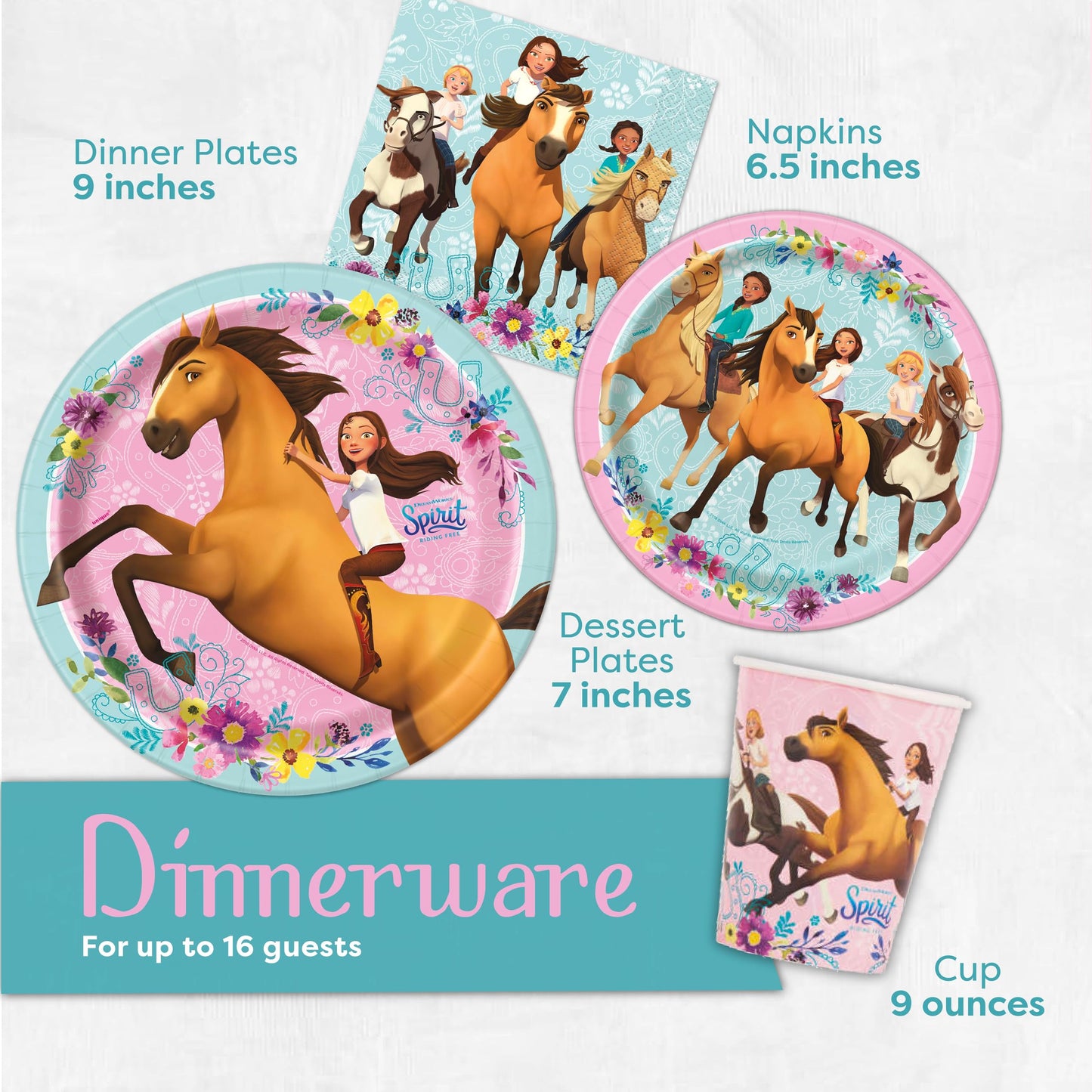 Spirit Riding Free Party Supplies and Decorations with Balloons for Spirit Birthday Party, Serves 16 Guests, Perfect for Girls and Boys, Easy Setup and Takedown with Banner, Table Cover, Plates,