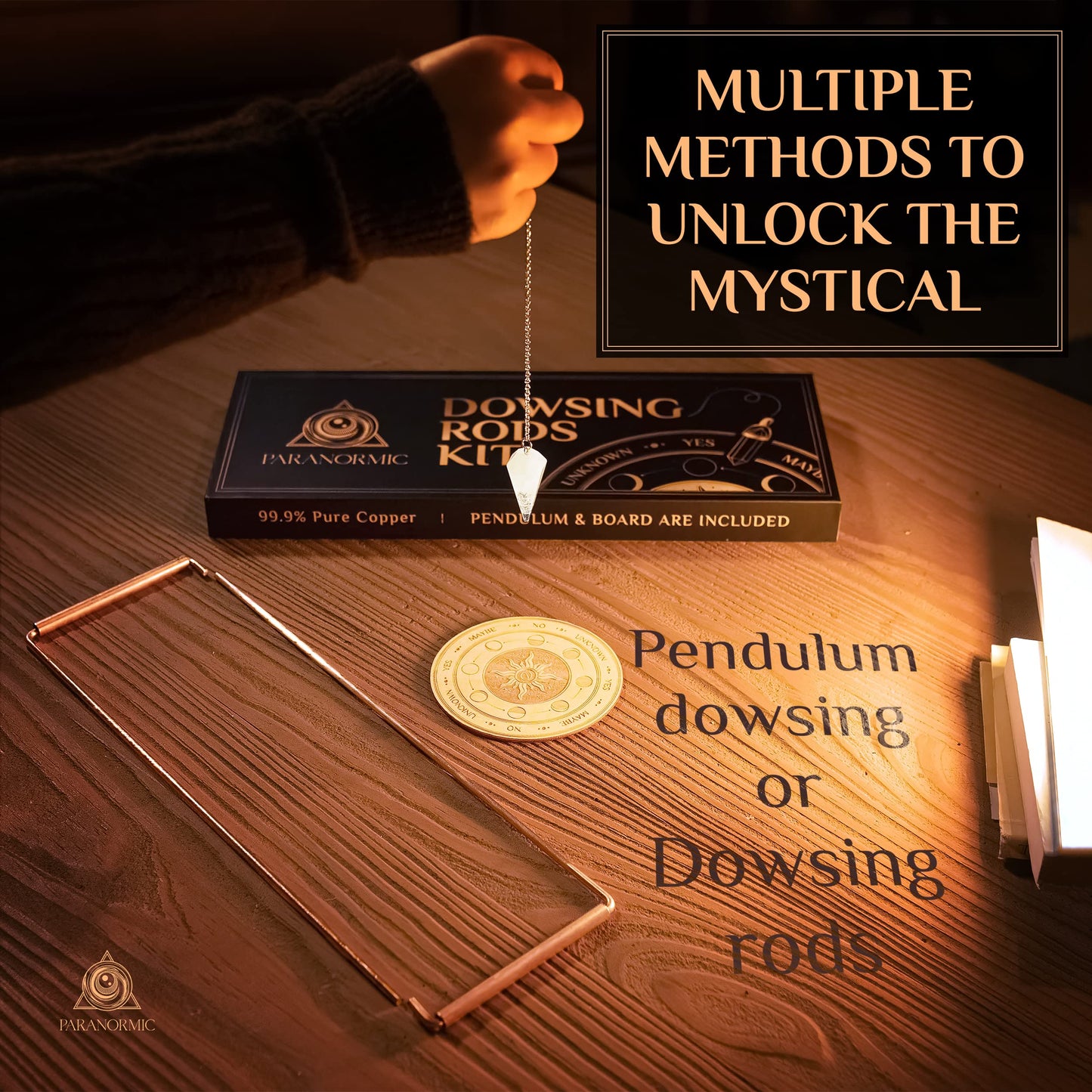 Paranormic Dowsing Rods & Pendulum Divination Kit Set of 2 Real Copper L Rods, Quartz Pendulum, & Wooden Answer Board to Find Water, Lost Objects, Yes/No Answers, & Spirit Activity