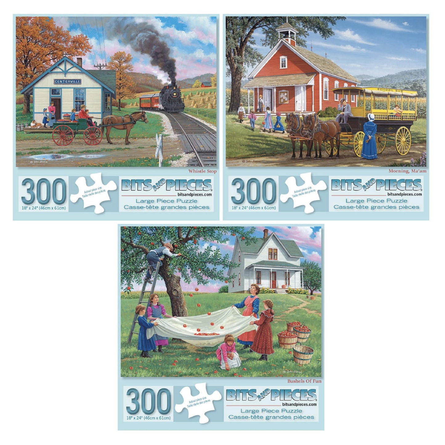 Bits and Pieces - Value Set of Three (3) 300 Piece Jigsaw Puzzles for Adults - Each Puzzle Measures 18" x 24" - 300 pc Whistle Shop, Morning, Ma'am, Bushels of Fun Jigsaws by Artist John Sloane…