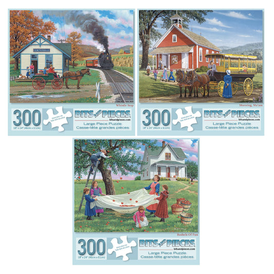 Bits and Pieces - Value Set of Three (3) 300 Piece Jigsaw Puzzles for Adults - Each Puzzle Measures 18" x 24" - 300 pc Whistle Shop, Morning, Ma'am, Bushels of Fun Jigsaws by Artist John Sloane…
