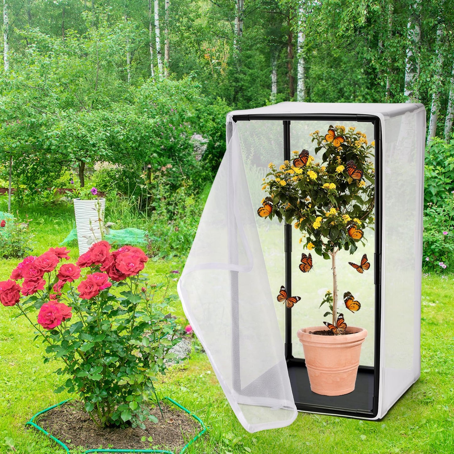 Kingrol Outdoor Insect & Butterfly Habitat Cage - Mesh Plant Enclosure for Pest/Bird Protection, Ideal for Breeding Butterflies, Soldier Flies, Ladybugs - 16.5 x 16.5 x 31 Inch