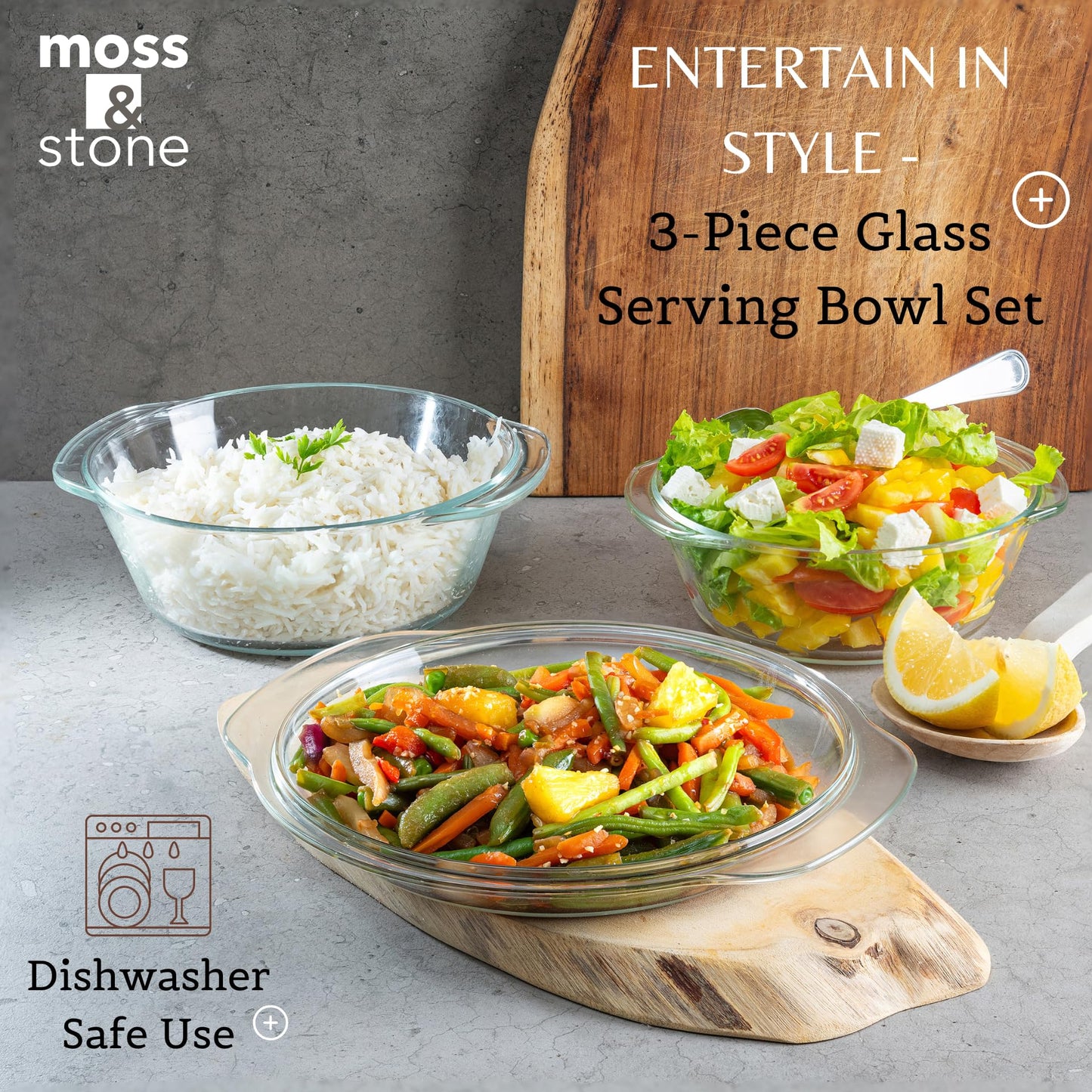 Moss & Stone Basics 3-Piece Glass Casserole Set, Borosilicate Glass, 3 Round Dishes With Lid, Oven & Microwave Safe