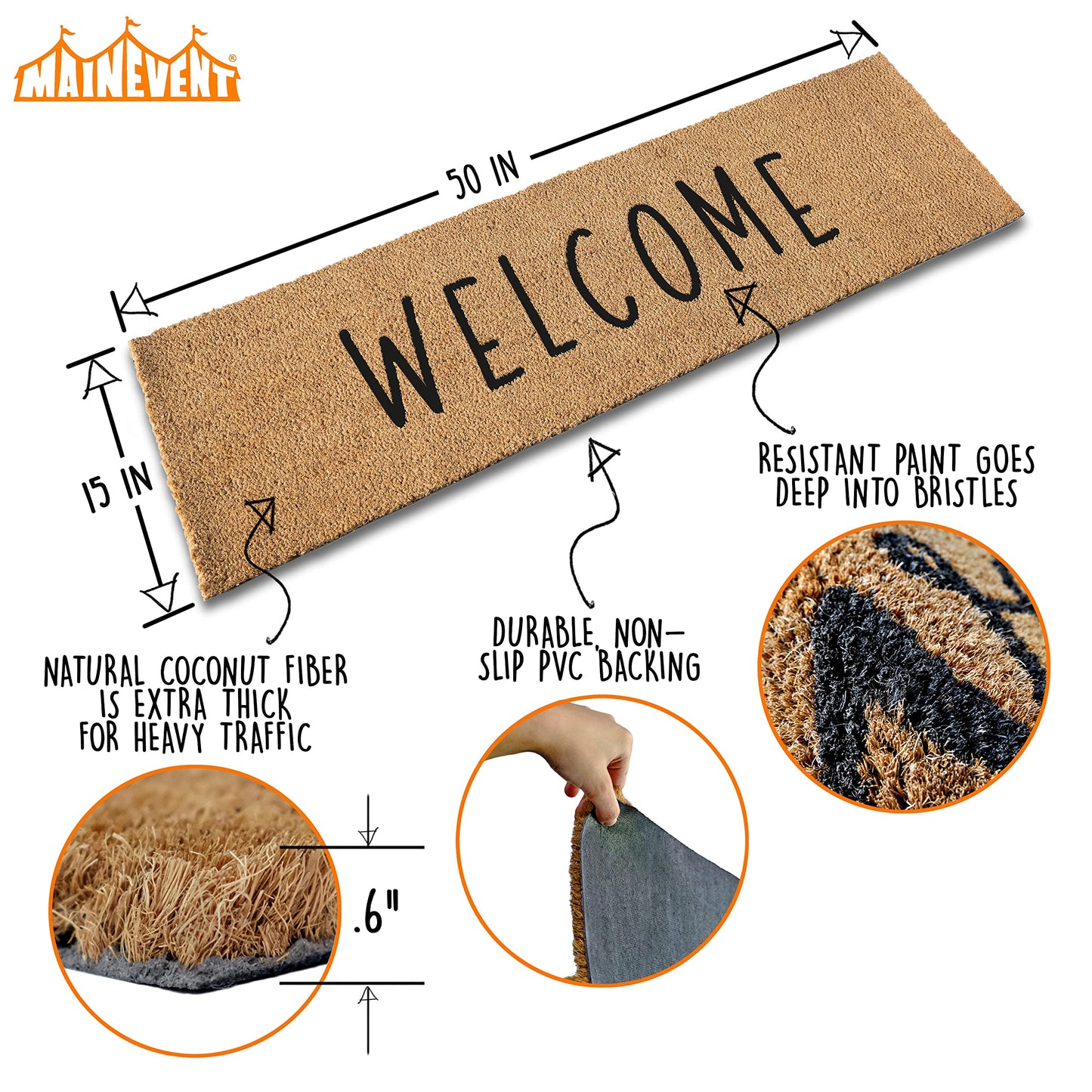 Welcome Front Door Mat 50x15 Inch, Oversized Extra Large Welcome Mat for Covered Outdoor Area, Double Door Long Door Mat