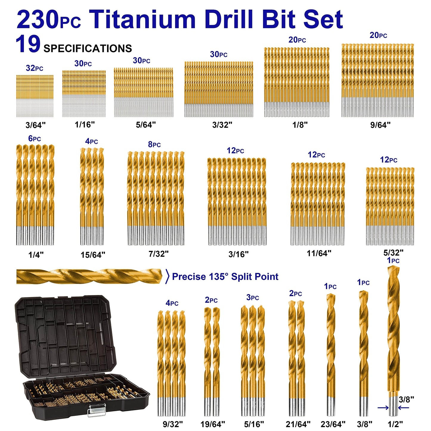 Hurricane 230 Pcs Titanium Twist Drill Bit Set, 135° High Speed Steel Drill Bits, Wood Drill Bit Kit, 3/64"-1/2", Ideal Drilling in Wood/Cast Iron/Aluminum Alloy/Plastic/Fiberglass, with Hard Storage