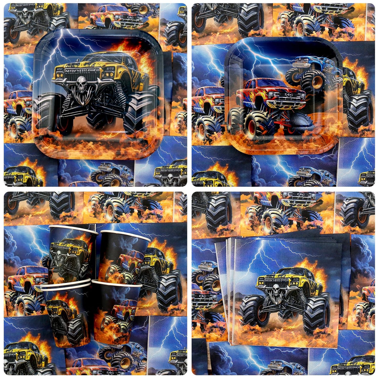 Obussgar Monster Truck Birthday Party Decorations - Monster Truck Party Supplies including Backdrop, Plate, Cake Topper, Cup, Napkin, Balloon, Tablecloth - Serves 20 (BJ)