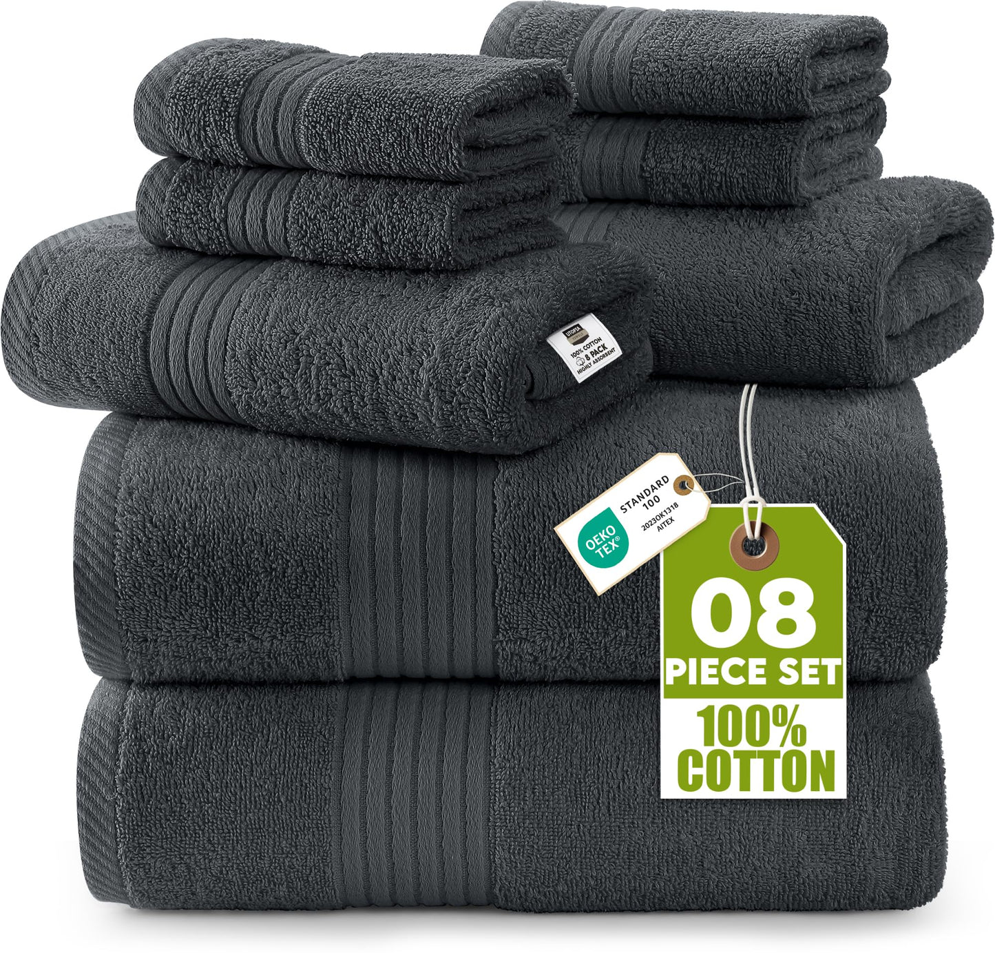 Utopia Towels 8 Piece Premium Towel Set, 2 Bath, 2 Hand, and 4 Washcloths,100% Ring Spun Cotton, Super Soft and Highly Absorbent, Grey