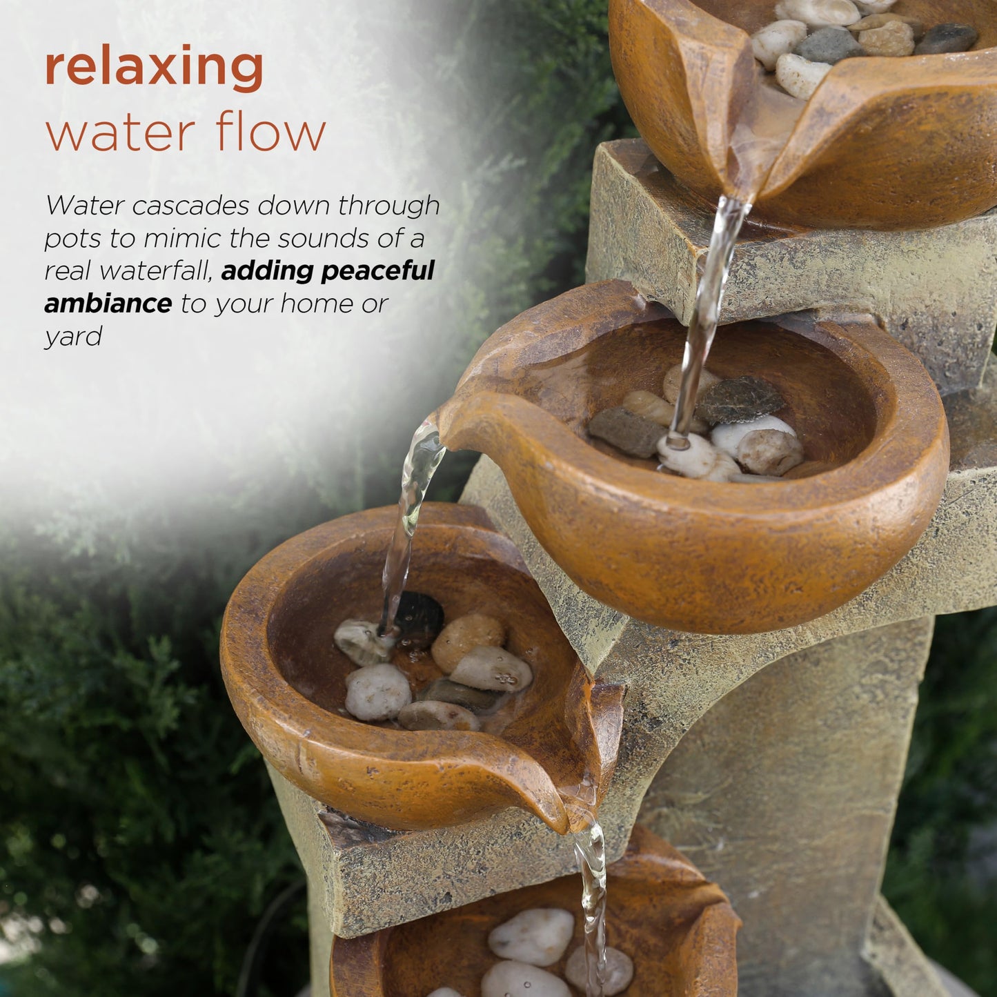 Alpine Corporation WCT726 Indoor/Outdoor Tabletop Tiered Pouring Pots Waterfall Fountain with Natural Stone Look, 16", Brown