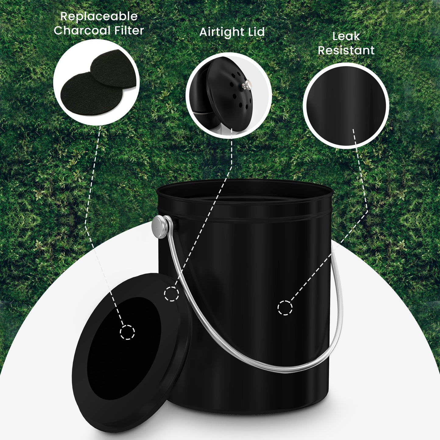 KICHLY Compost Bin, Stainless Steel Bin for Kitchen Countertop, 1.3 Gallon Composting Bucket, Compost Pail with Lid, Includes 1 Spare Charcoal Filter, Black