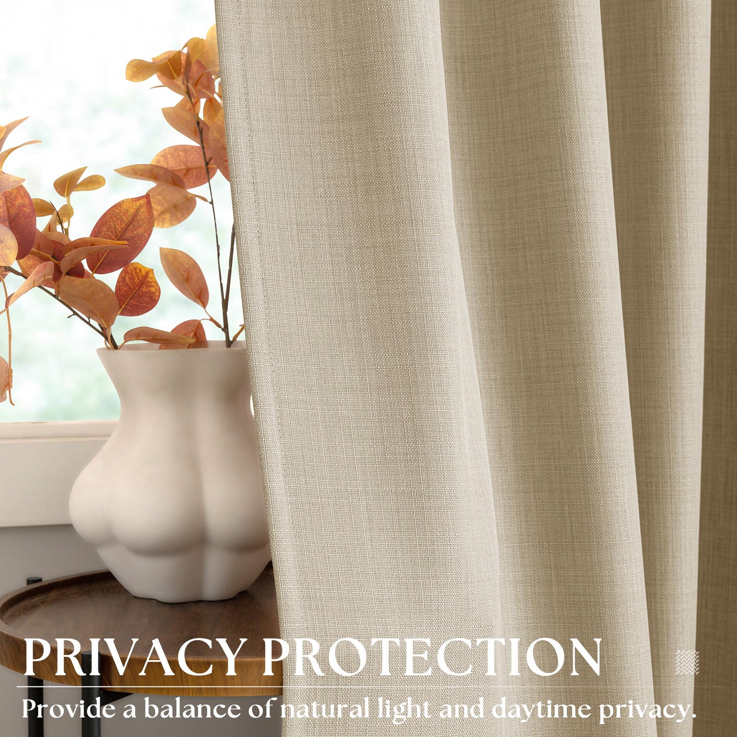 Oatmeal Semi Sheer Linen Curtains 84 Inches Long, Bronze Grommet Sand Beige Privacy Light Filtering Bay Window Patio Door Farmhouse Boho Neutral 84 Inch Curtains for Bedroom Living Room Warm Beige