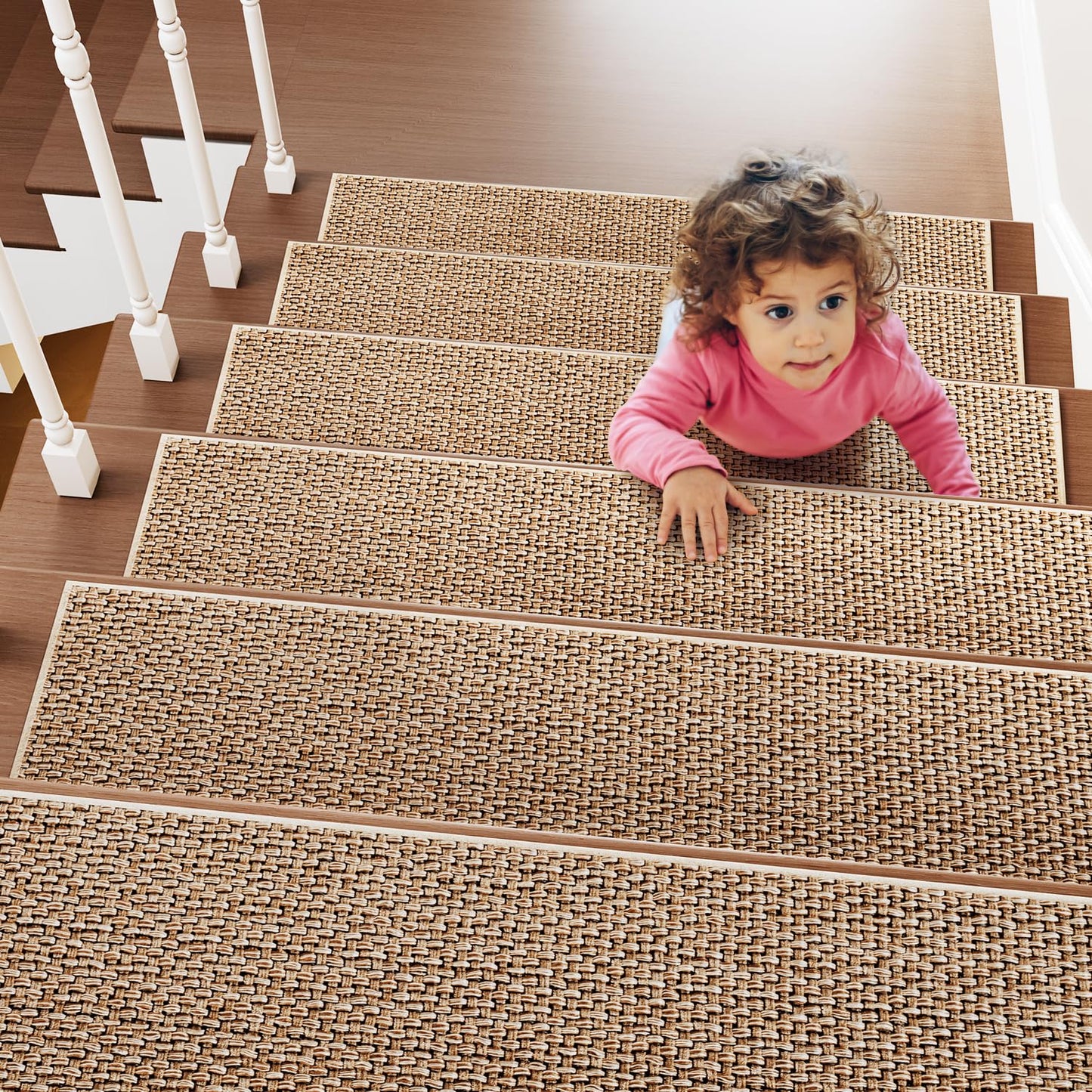 PADOOR Stair-Treads Non Slip, 7PCS Stair Runner for Wooden Steps, Residue Free Stair Treads Stair Carpet Mat for Kids and Dogs Indoor 8"x30" Beige