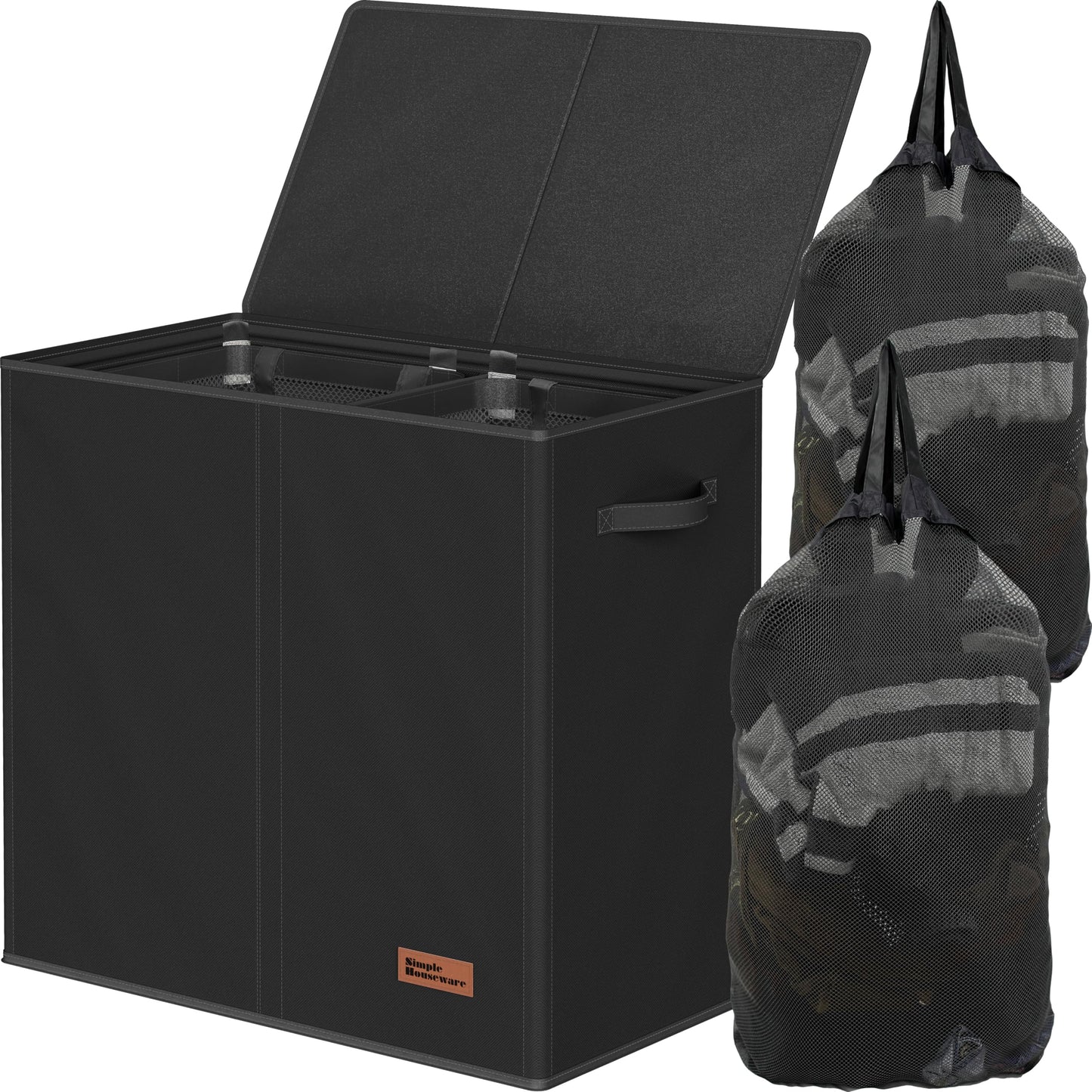 Simple Houseware 120L Double Laundry Hamper with Lid – Foldable Divided Clothes Basket with Removable Sorting Bags, Brown
