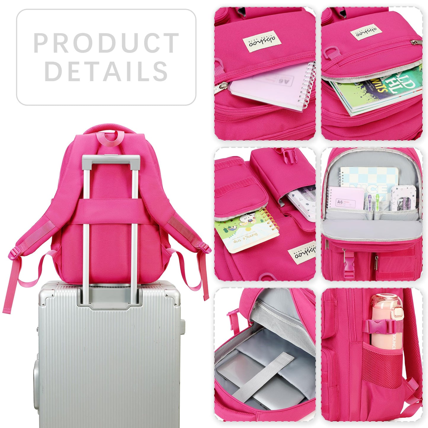 abshoo Large Heavy Duty Backpack For School College Bookbag Casual Multi Pocket Travel Backpacks, Hot Pink, 17.7"H, Solid