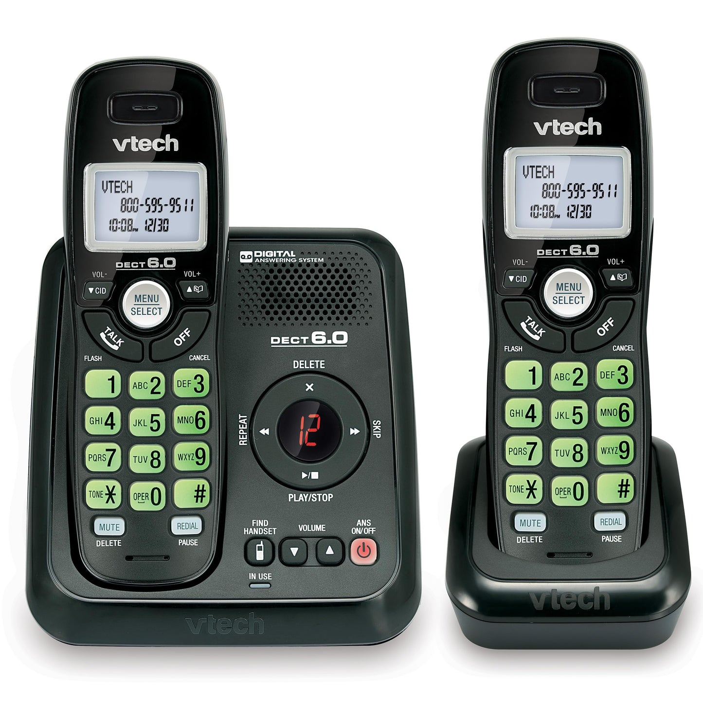VTech CS6124-21 DECT 6.0 2-Handset Cordless Phone System with Digital Answering Machine and Green Backlit Keypad and Display (Not Handset Speakerphone Model)