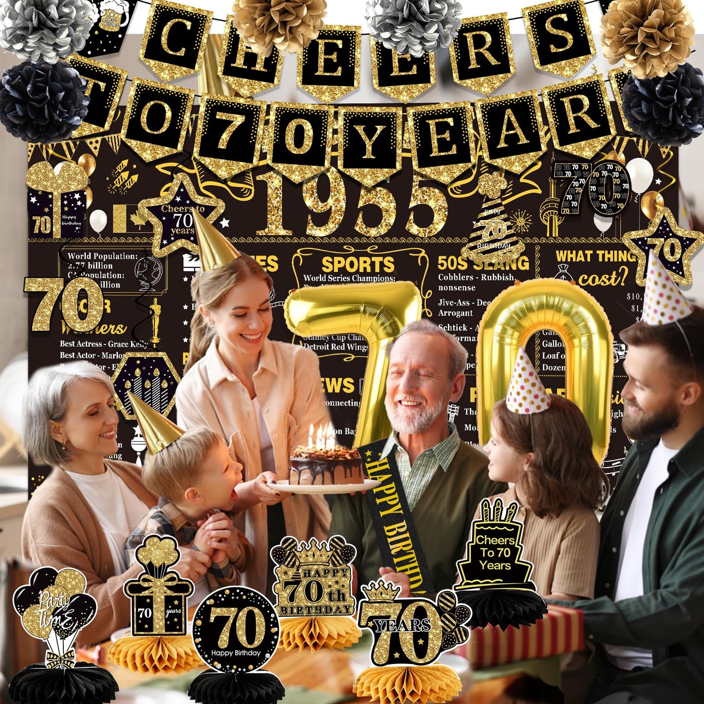 70th Birthday Decorations for Men Women,24PCS 1955 Birthday Decorations,Including 1955 Banner,6 Honeycomb Topper,Balloons,Anniversary Card,Cheers to 70 Years Banner,7 Hanging Swirl,6 Paper Poms,Sash