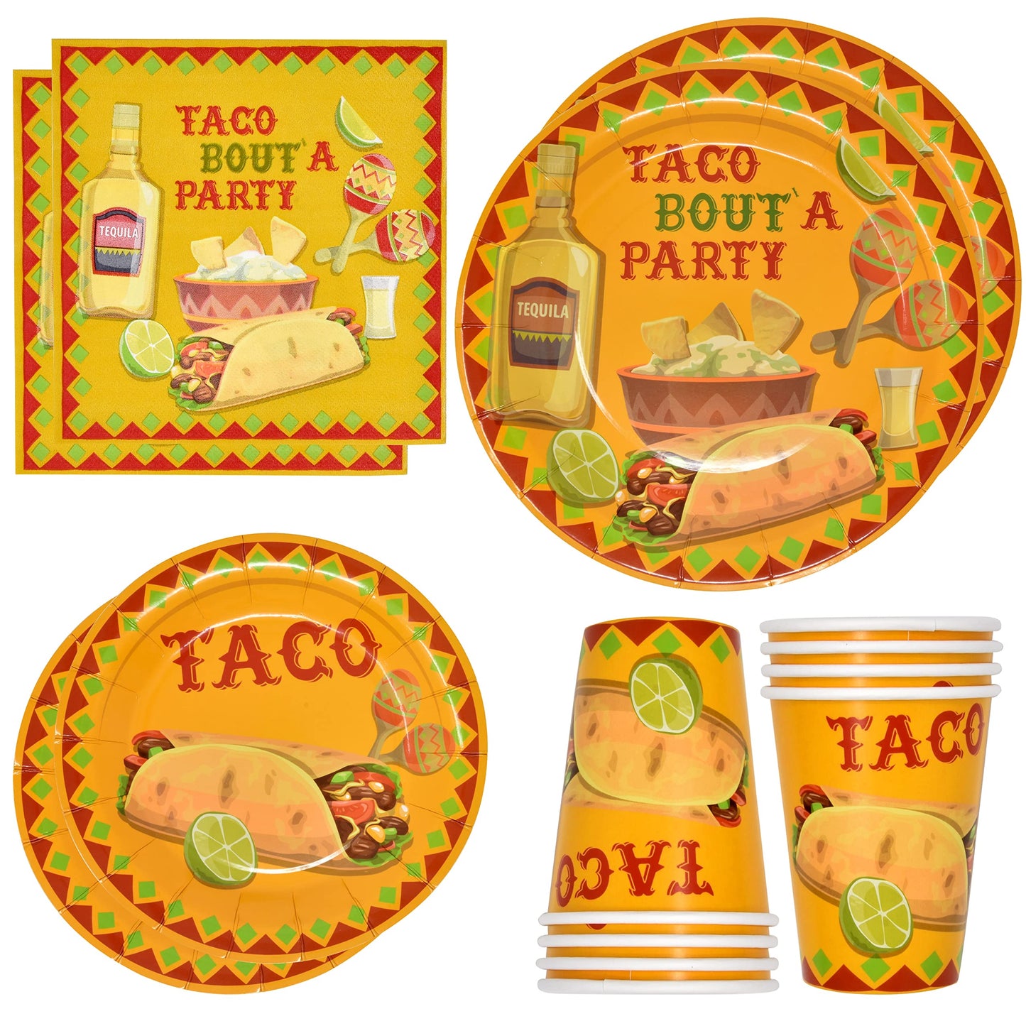 Gift Boutique - Taco Party Set Serves 24, Includes 9" Dinner Plates, 7" Dessert Plates, 9 Oz Cups, and 13" x 13" Napkins