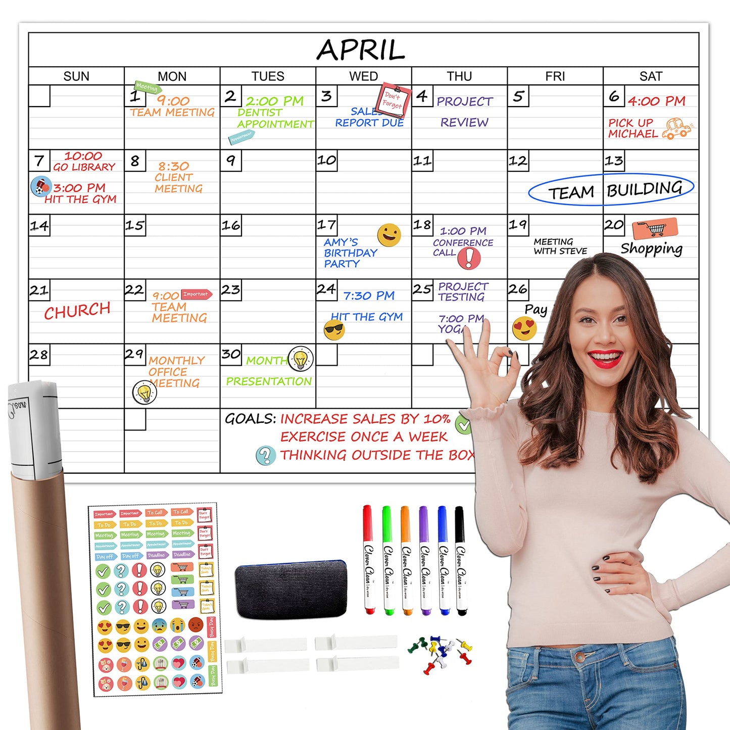 CLEVER CLEAN Large Dry Erase Wall Calendar - 24"x 36" Undated Monthly Calendar for Home, Office, Classroom - Reusable Laminated Task Organizer