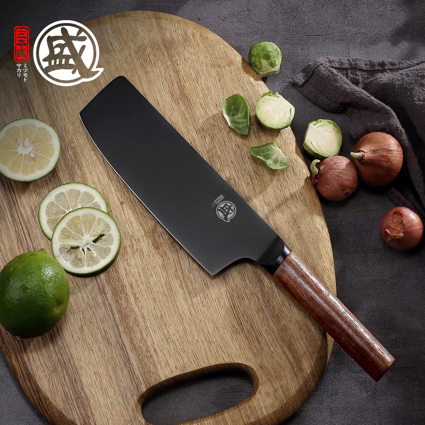 MITSUMOTO SAKARI 7 inch Japanese Nakiri Chef Knife, Professional Black Titanium Coated Vegetable Kitchen Knife, German Premium Alloy Steel Cooking Chef's Knives (Walnut Handle & Box Package)