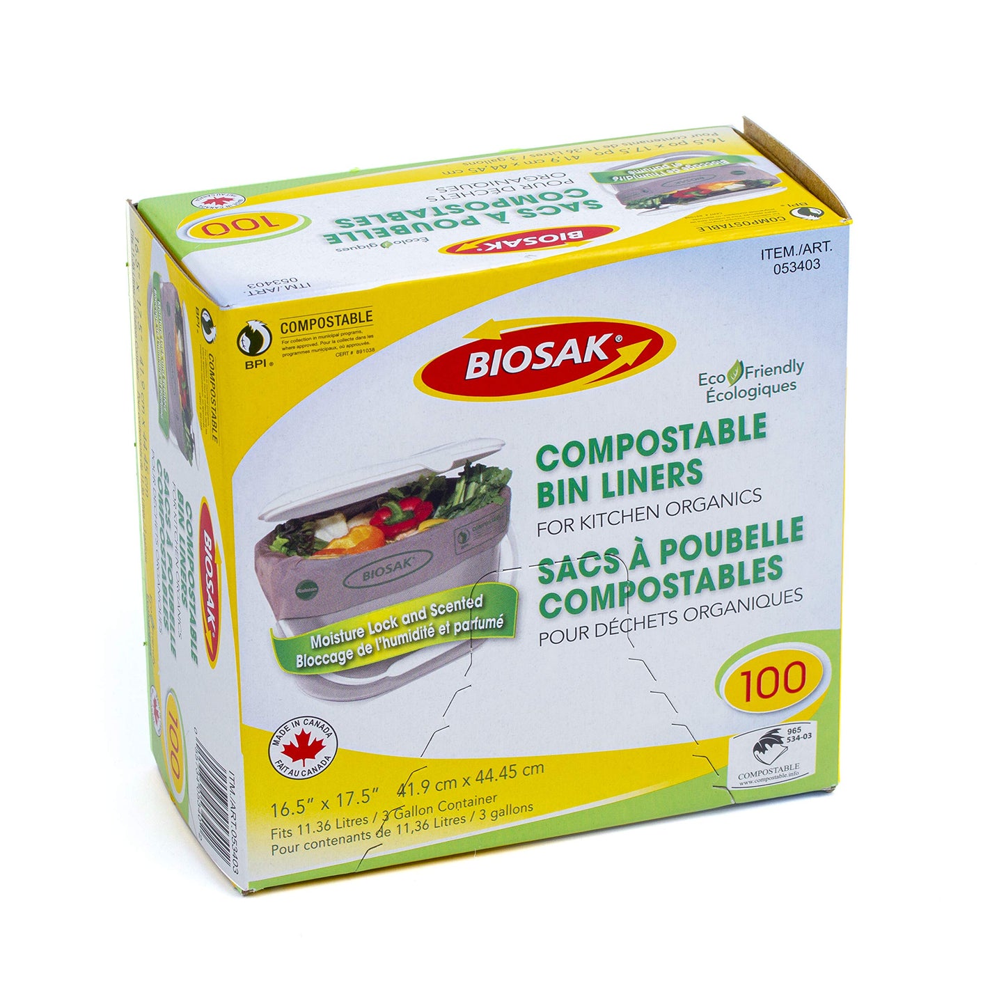 Biosak 100% Compostable Trash Bags for Kitchen Organics, 3 Gallon, 11.3 Liter, 100 Count, Extra Thick 0.71 Mils, Trash Bags are Biodegradable US BPI and Europe OK Compost Home Certified.