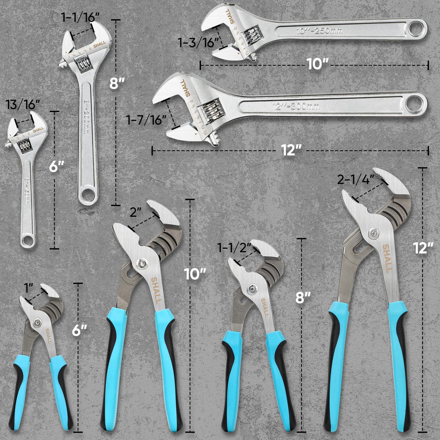 SHALL 8-Piece Adjustable Wrench & Water Pump Pliers Set, 12/10/8/6 Inch, 4Pcs Adjustable Tongue and Groove Joint Pliers and 4Pcs Wide Jaw Forged Steel Wrench for Plumbing, Gripping, Auto Home Repair