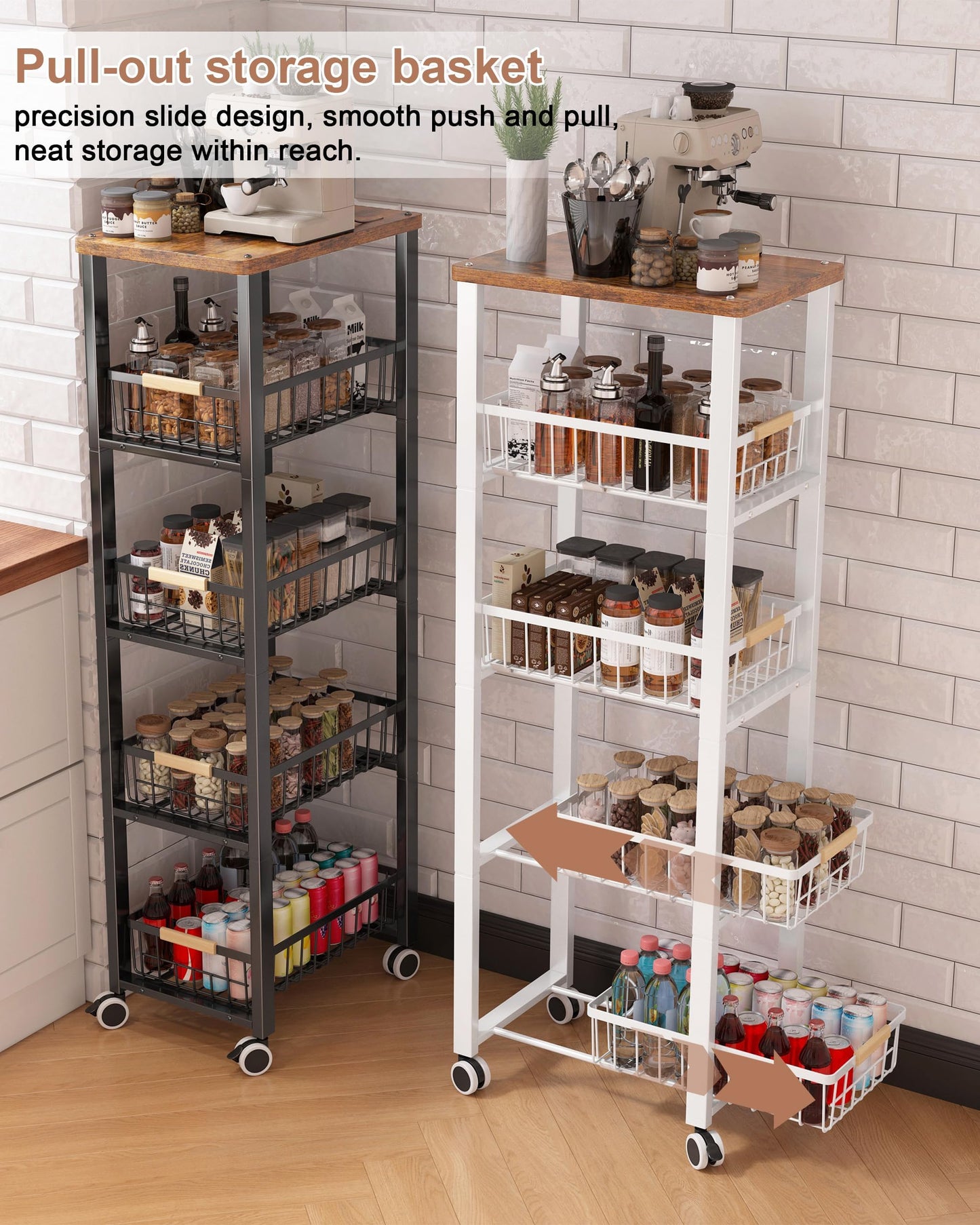 Ornestia 5-Tier Storage Cart,Metal Shelving Units Storage Slide Out,Kitchen Tall Storage Trolley with Wheels Wooden Top(40cm*30cm*107cm -Black)