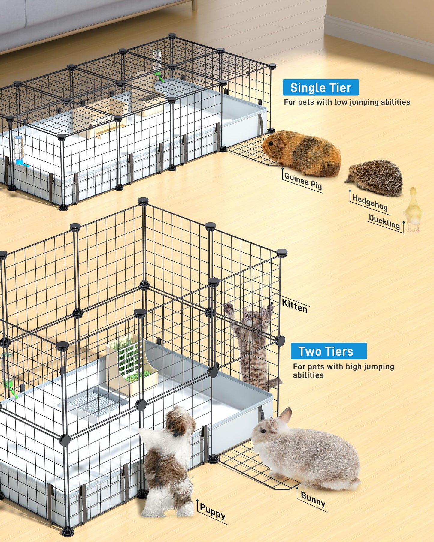 BUCATSTATE 20 Panels Guinea Pigs Cages, Small Animal Playpen with Waterproof Mat, 120 * 60 * 30cm Metal Hedgehog Enclosure with Door for Bunny Rabbit Chinchillas