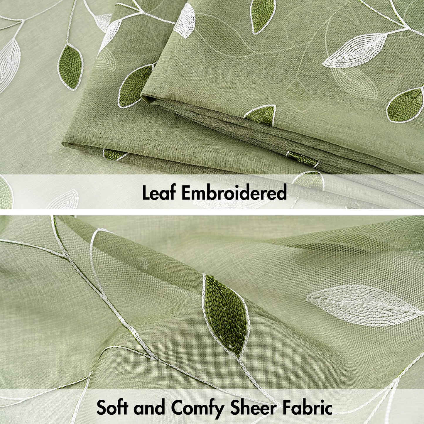 MIULEE Sage Green Curtains 2 Panels Embroidered Leaf Patterned Rod Pocket Floral Semi Sheer Faux Linen Window Curtains Drapes for Living Room Bedroom Farmhouse, 52x84 Inches Long