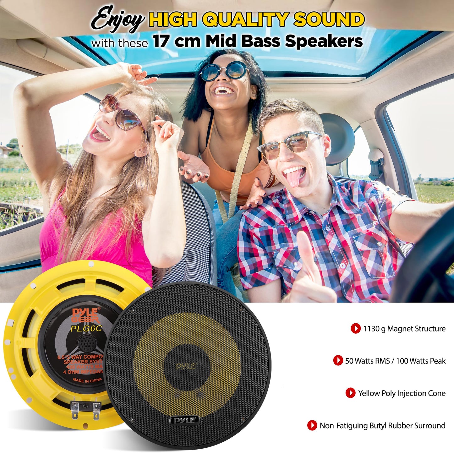 PYLE 2Way Custom Component Speaker System 6.5” 400 Watt Component with Electroplated Plastic Basket, Butyl Rubber Surround & 40 Oz Magnet Structure Wire Installation Hardware Set Included PLG6C, Yellow