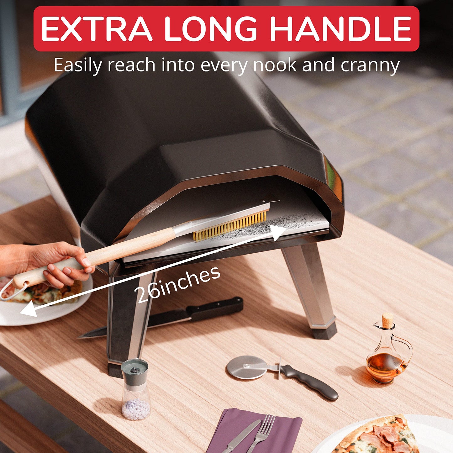 26” Pizza Oven Brush with Stone Scraper - Stainless Steel Bristles, Extra Long Handle, Heat-Resistant - Compatible with Ooni, Gozney and Similar Ovens - Includes Spare Head