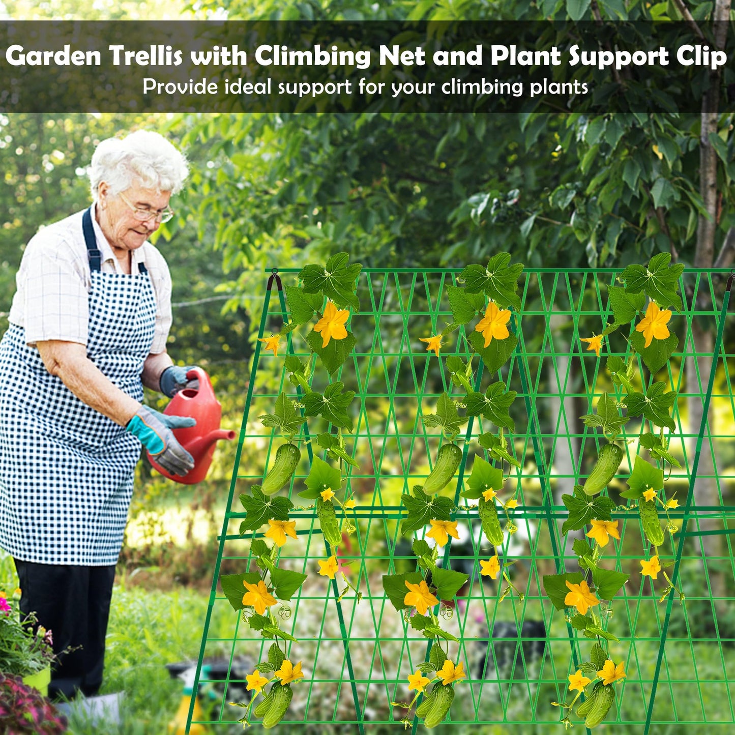 DECOHS A-Frame Metal Garden Trellis Set for Raised Bed-47x 47 Inch Detachable Climbing Trellis with Net and Clips for Outdoor Plant Cucumber Flowers Vegetables
