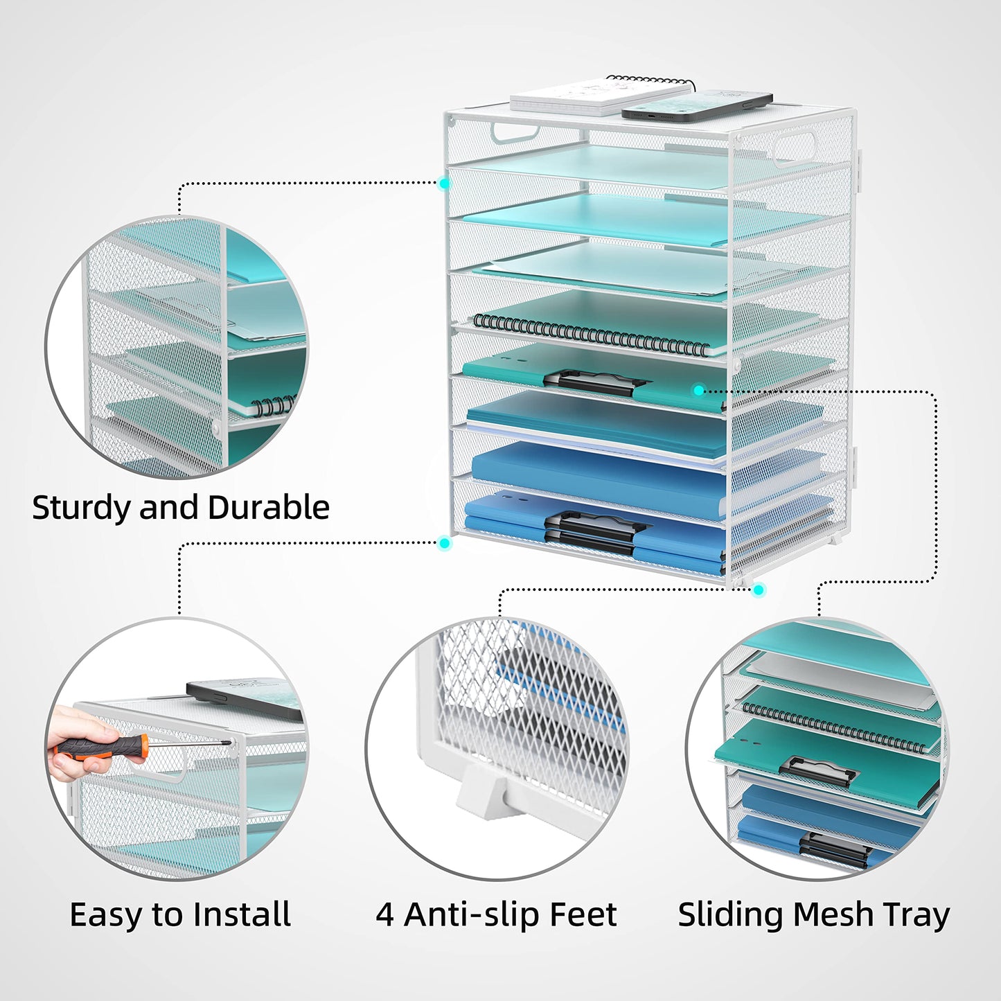 DALTACK 9-Tier Paper Letter Tray Desk Organizer with Handles, Mesh File Holder Organization, Paper Sorter Desk Organizer for Office Home School,White