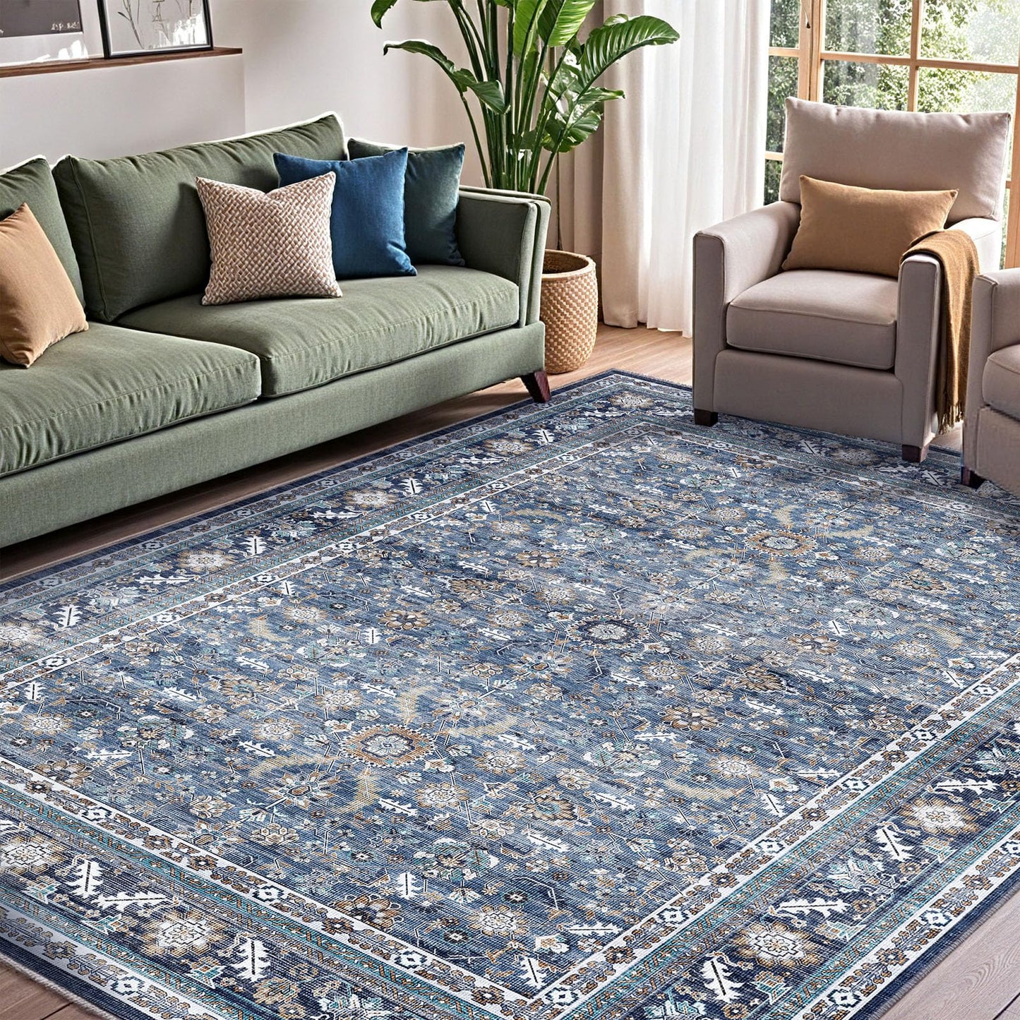 OPPODREAM Vintage Area Rug 5x7, Distressed 5x7 Rugs for Living Room, Washable Rugs for Bedroom with Non Slip Backing, Faux Cashmere Low-Pile 5 x 7 Carpet, Retro Blue