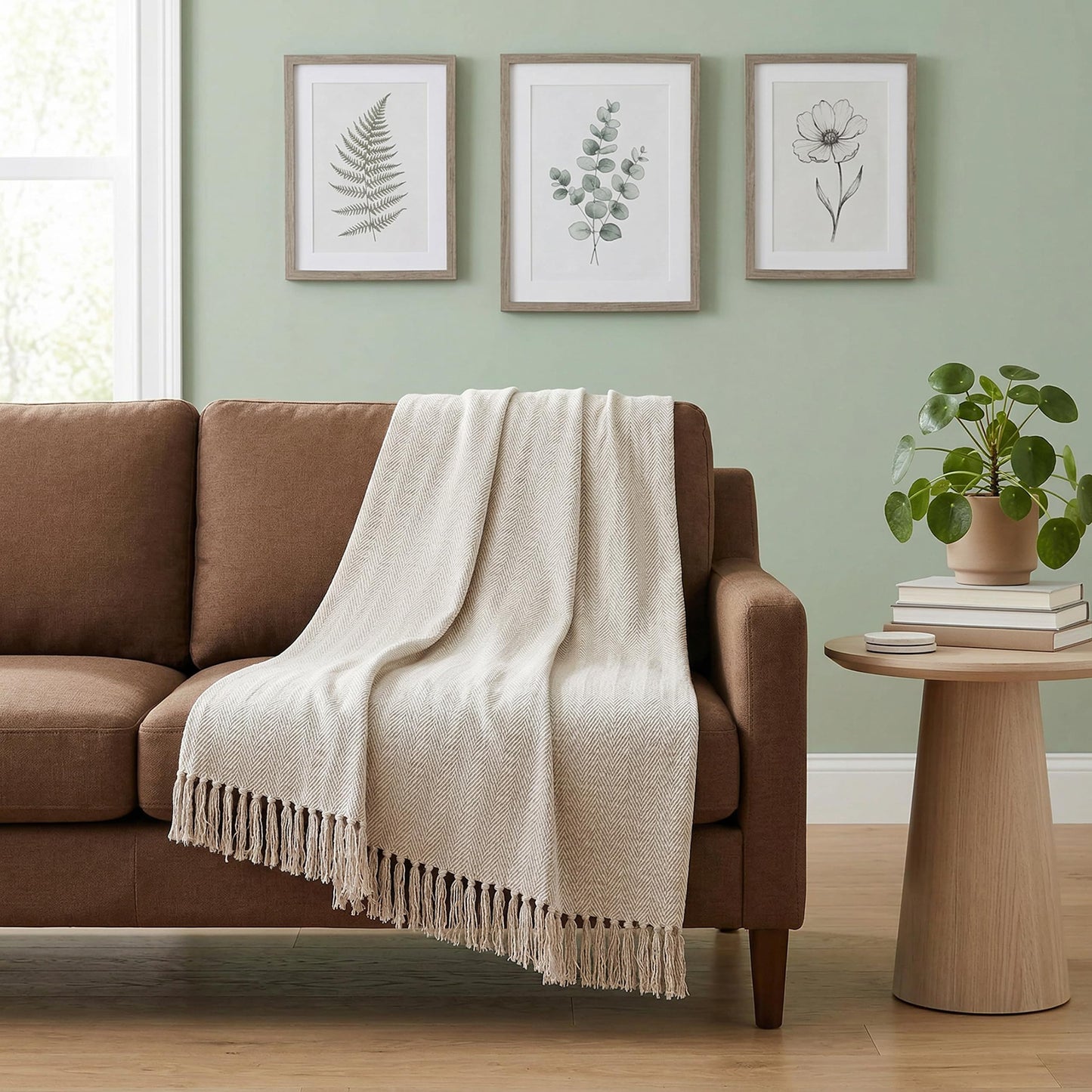 Americanflat Zaina Cream Herringbone Cotton Blanket Throw with Fringe - 50x60 Inches