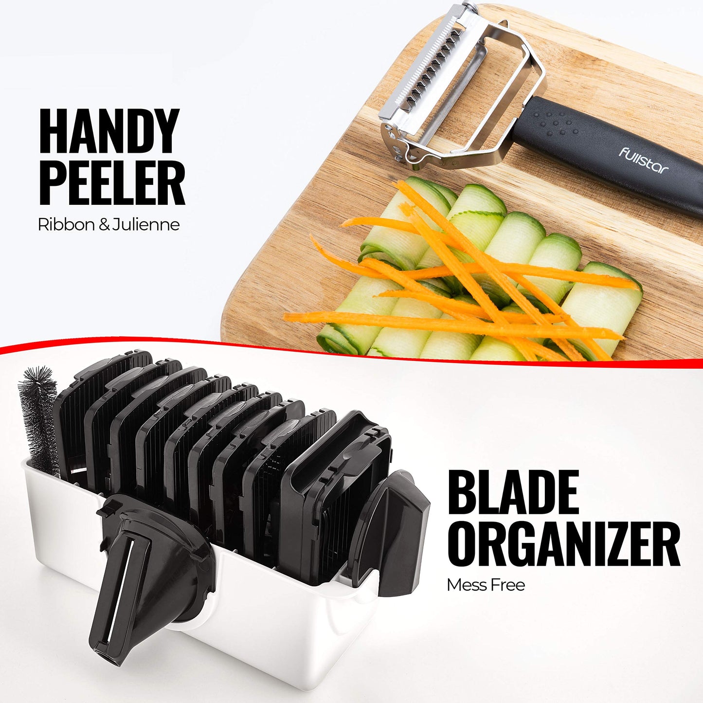 Fullstar Mandoline Slicer for Kitchen - Vegetable Slicer Spiralizer & Julienne Cutter for Veggie Cucumber Onion Potato Carrot - Cheese Grater - Kitchen Essentials Tools & Gadgets (PRO 11-in-1, White)