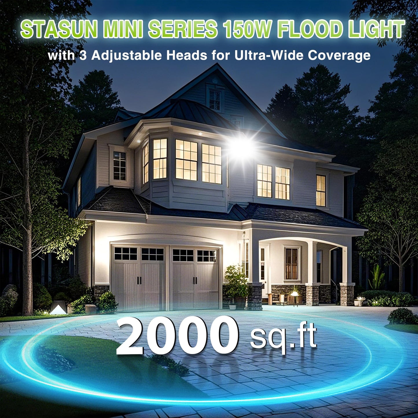 STASUN 150W LED Flood Light with Plug, Mini Series Outdoor Floodlight, 15000LM 6000K Daylight White, IP66 Waterproof, 3 Adjustable Heads, LED Exterior Flood Light for Backyard, Driveway, Garage, Patio