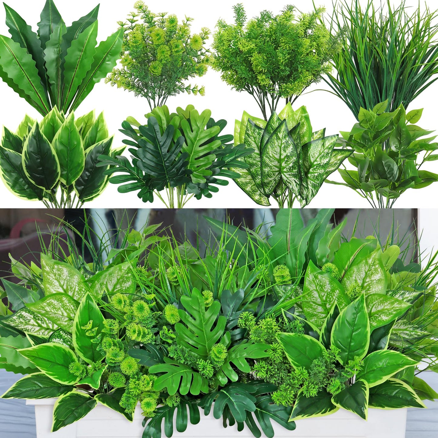 Dremisland 18 Bundles Artificial Plants Outdoor UV Resistant Faux Plants Artificial Boxwood Onion Plastic Greenery Stems Fake Shrubs for Porch Planter Window Box Patio Garden Home Decoration