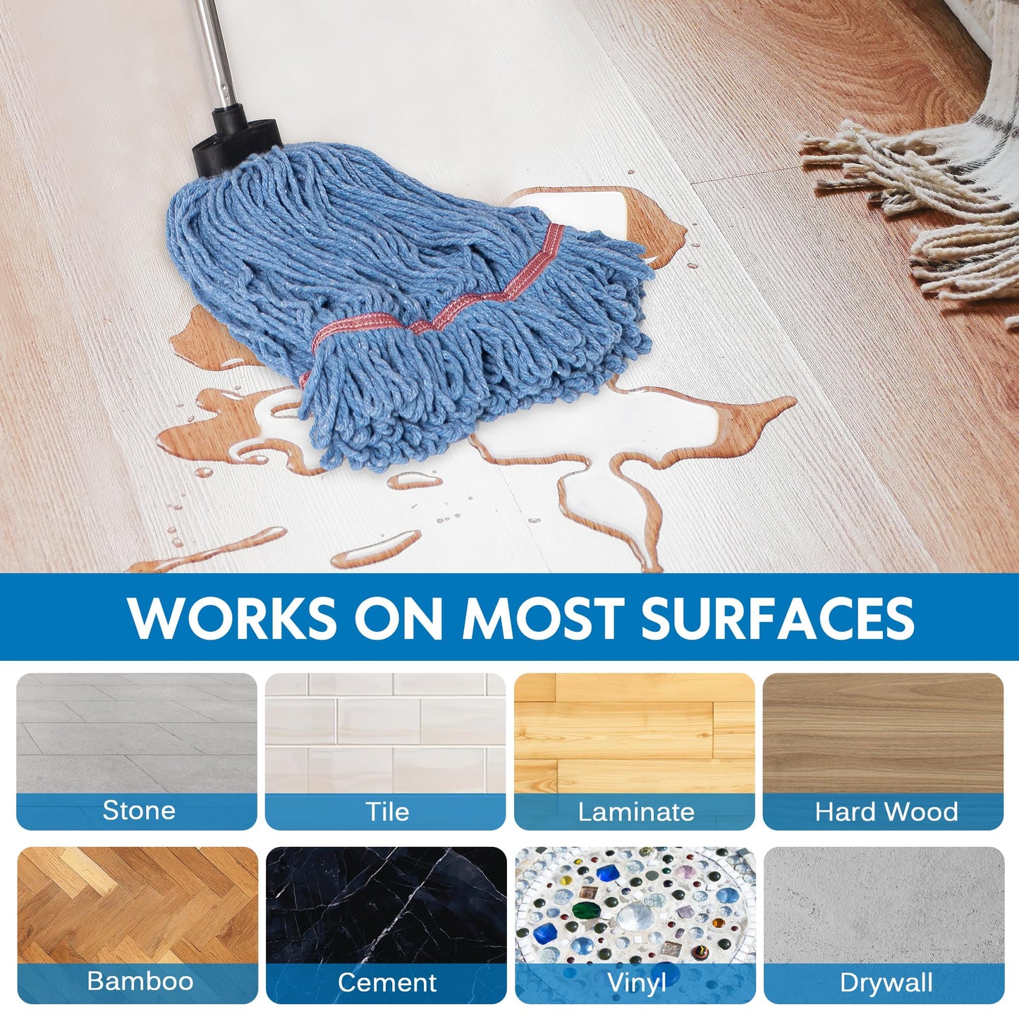 Matthew Large Commercial&Residential Mop Heavy Duty Industrial Mops w/Screw-on handle(Fit Standard American Screw)Looped-End String Wet Cotton Mops for Home,Office,Warehouse - 1 Set&2 Mop Replacements