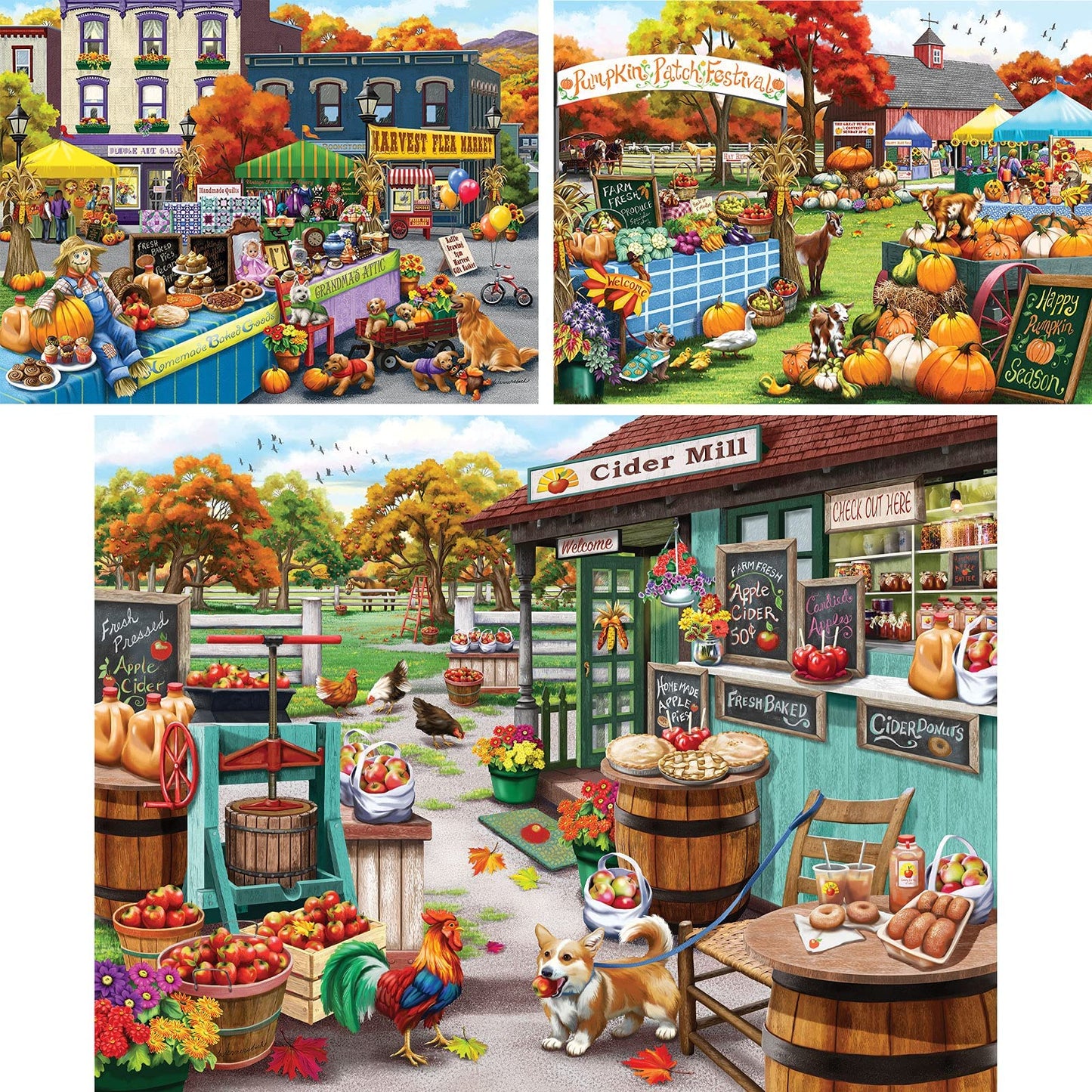 Bits and Pieces- Value Set of Three (3) 300 Piece Jigsaw Puzzles for Adults - Measure 18" x 24" (46cm x 61cm) Each - 300 pc Harvest Flea Market, Pumpkin Festival, The Cider Mill by Nancy Wernersbach