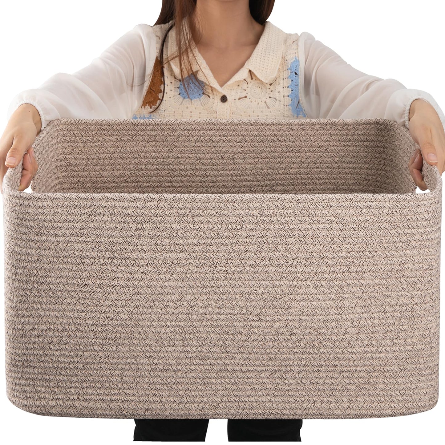 OIAHOMY 70L Large Cotton Rope Basket 22”x17”x12”, Woven Nursery Laundry Blanket Basket,Storage Basket with Handle,Brown variegated
