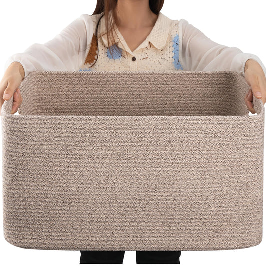 OIAHOMY 70L Large Cotton Rope Basket 22”x17”x12”, Woven Nursery Laundry Blanket Basket,Storage Basket with Handle,Brown variegated