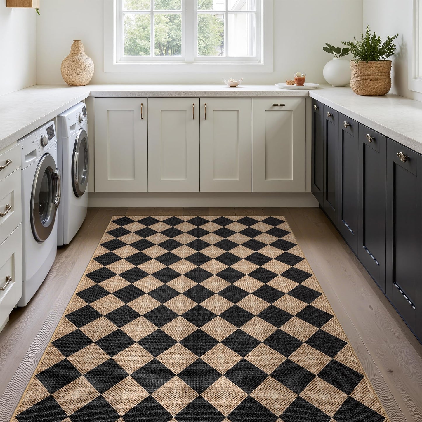 Dadasgk Checkered Easy Jute 3x5 Outdoor Patio Rug, Washable Non Slip Rugs for Entryway,Textured Diamond Indoor Outdoor Living Room Carpet, Farmhouse Neutral Black Door Rug for Backyard Bedroom