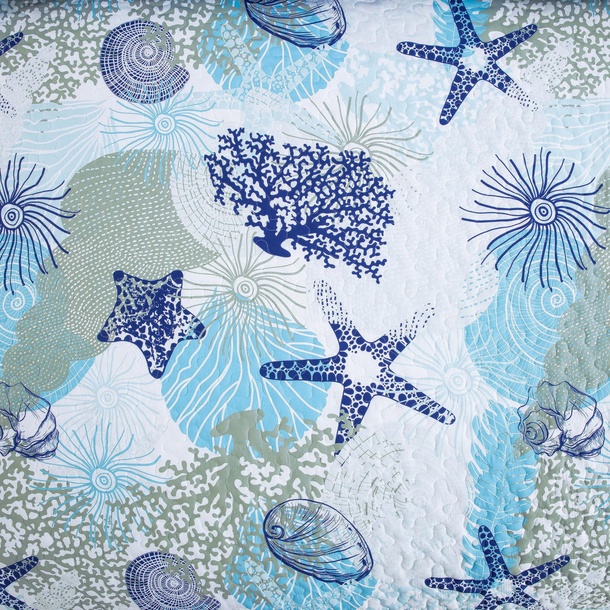 Dinjoy Coastal Quilt Set Queen Size, Blue Ocean Beach Themed Bedding Set Coral Seashell Conch Starfish Pattern Microfiber Lightweight Summer Bedspread Coverlet Bed Set All Season (96x90 Inch)
