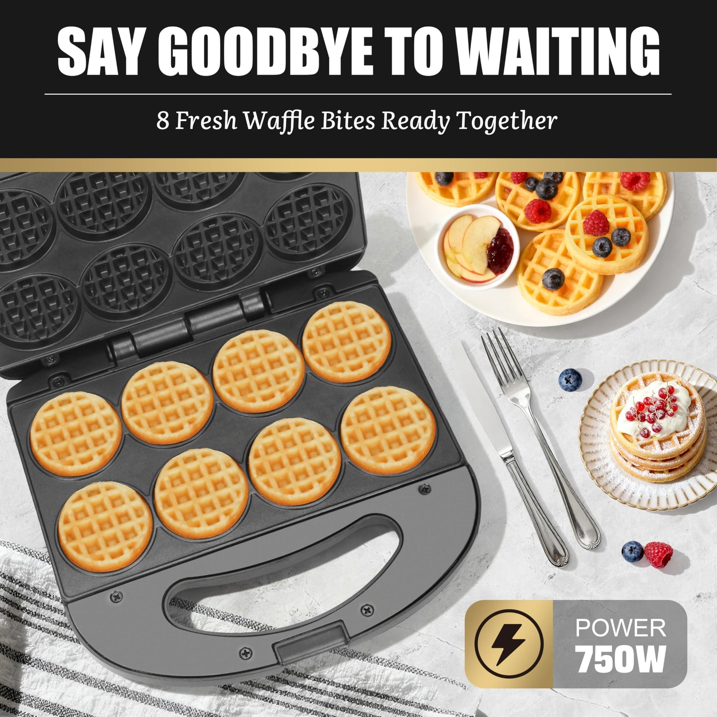 FineMade Mini Waffle Maker Machine, Small Waffle Bites Maker for Kids, Makes 8 x 2” Tiny Waffle Bites, Ideal for Breakfast, Snacks, Desserts and More