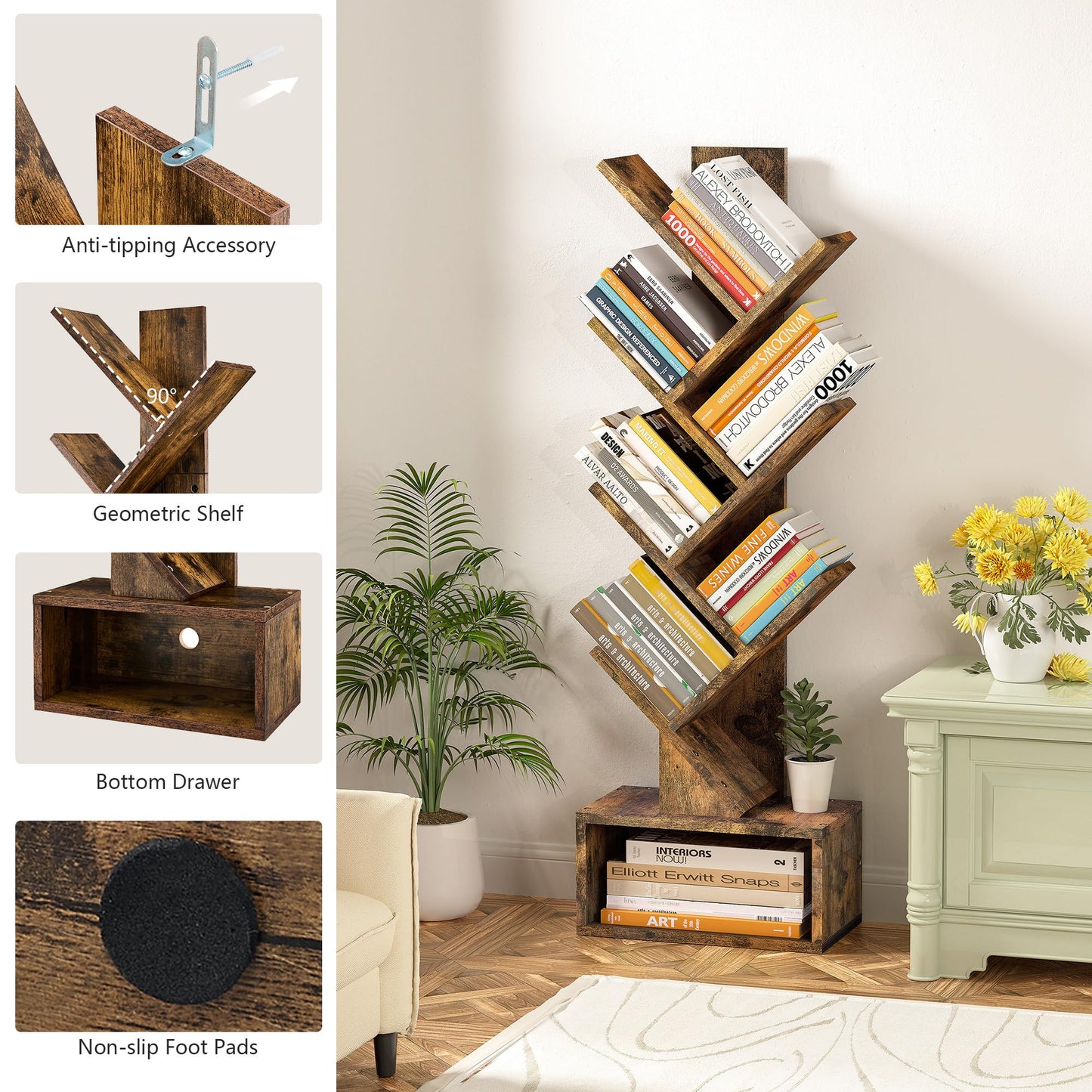 Hoctieon 6 Tier Tree Bookshelf, Tall Bookcase with Drawer, Freestanding Book Shelf, Display Floor Standing Storage Shelf, Book Organizer Shelves for Home Office, Rustic Brown