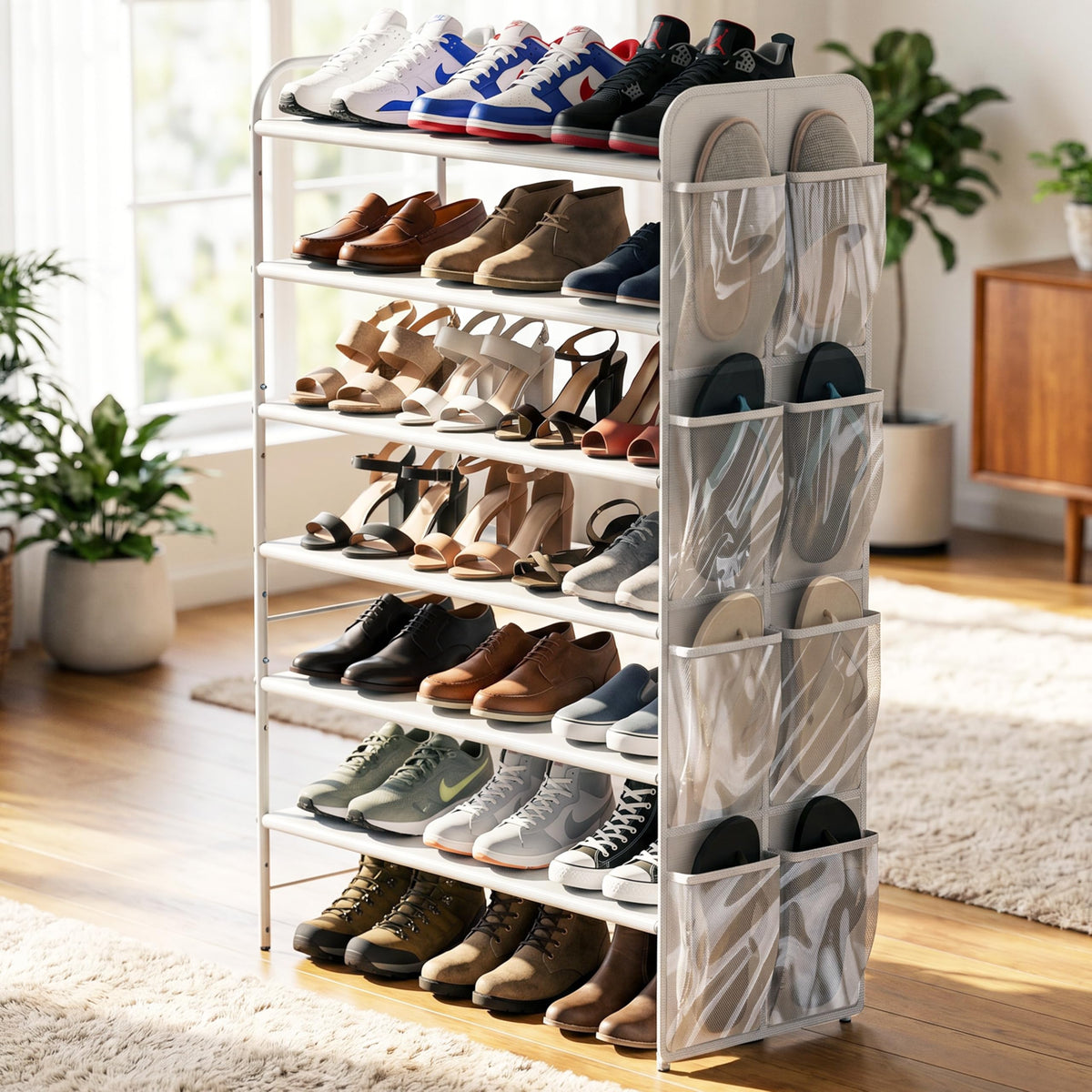 Simple Houseware 6-Tier Shoe Rack Organizer with Side Hanging Pockets, Tall Shoe Storage for Closet, Entryway, or Garage, Holds 20–28 Pairs, White