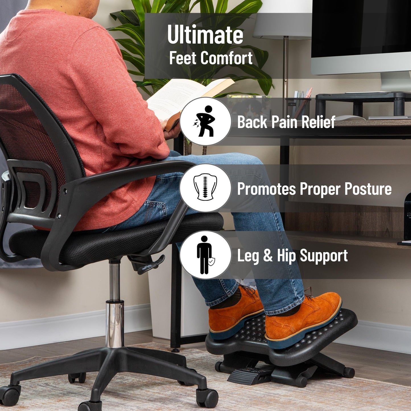 Mind Reader Rest, Ergonomic Foot, Pressure Relief for Comfort, Back, and Body, 3 Height, Black