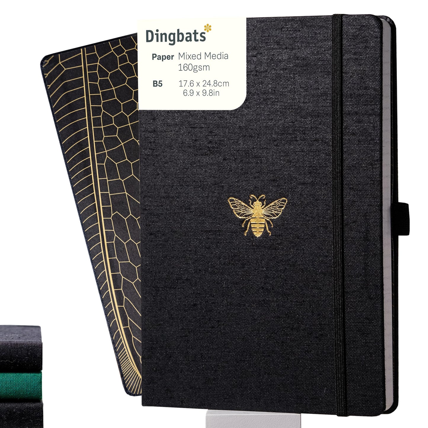 Dingbats - Pro Dotted Large Notebook, Black Bee, B5 - Hardcover -60gsm Ink-Proof Watercolor Paper - Includes Pocket, Elastic Closure & Bookmark