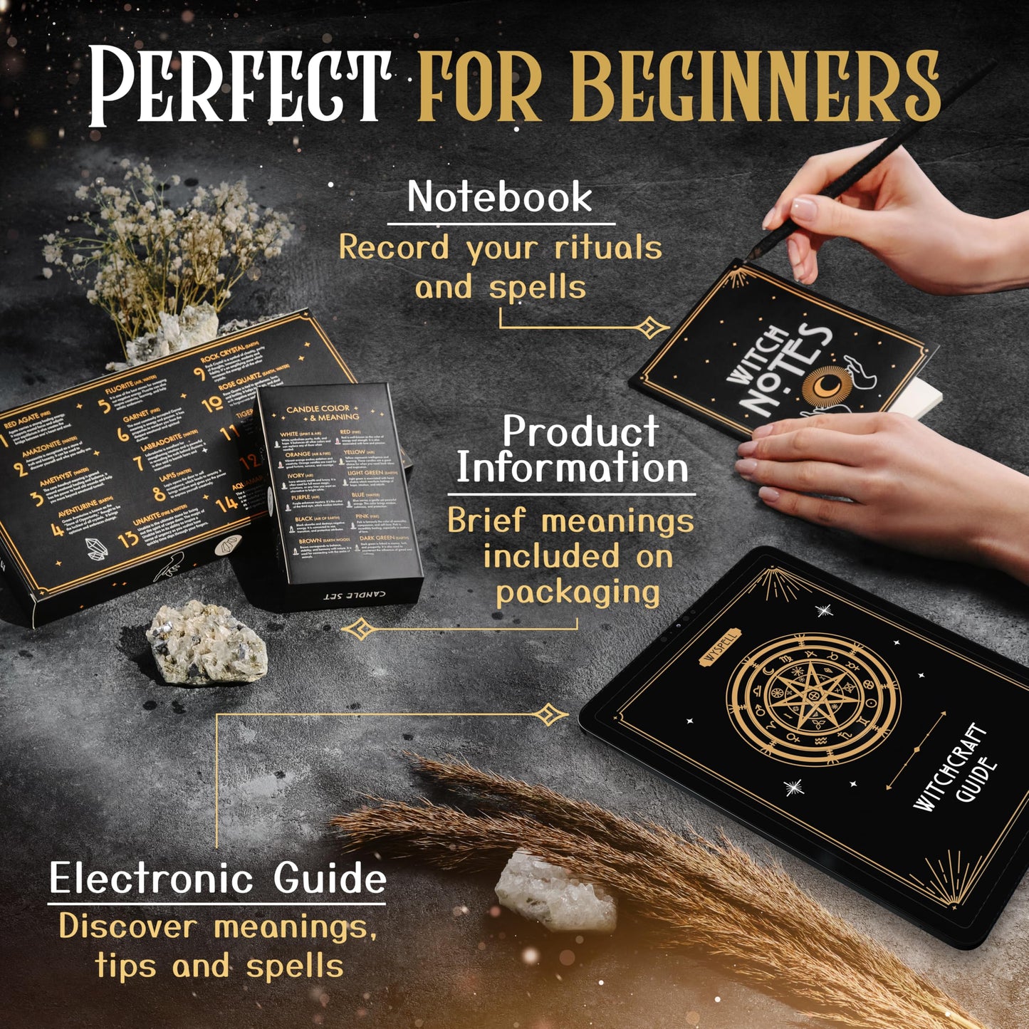 Wyspell Witchcraft Supplies Kit - 54PCS - Witch Kit for Altar: Spell Candles, Dried Herbs, Healing Crystals in Jars - Wiccan Supplies & Tools - Witchy Gifts for Beginners